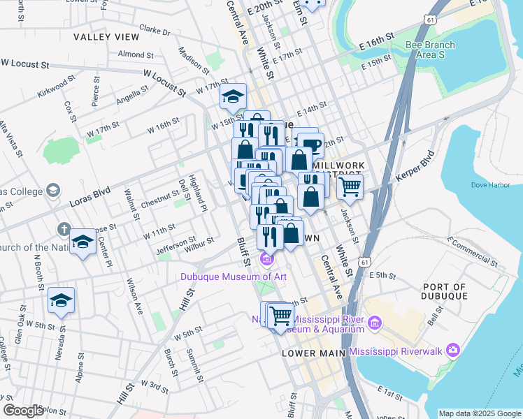 map of restaurants, bars, coffee shops, grocery stores, and more near 255 West 10th Street in Dubuque