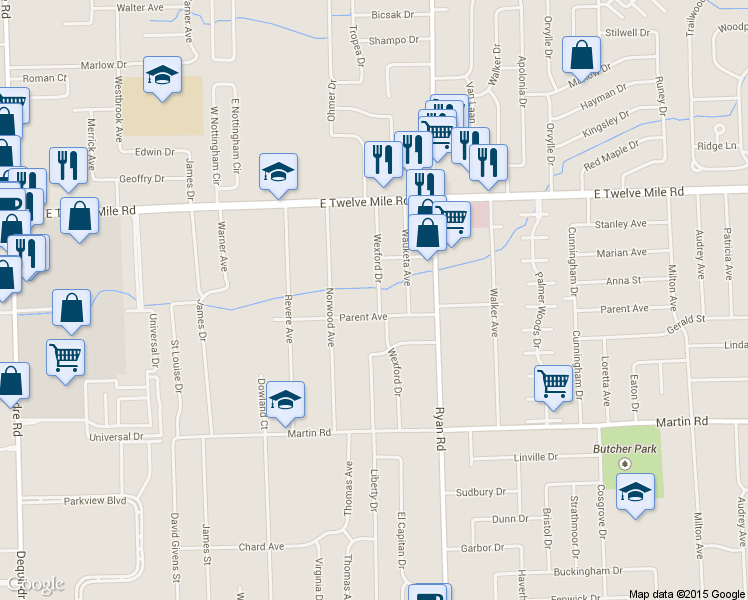 map of restaurants, bars, coffee shops, grocery stores, and more near 28551 Wexford Dr in Warren
