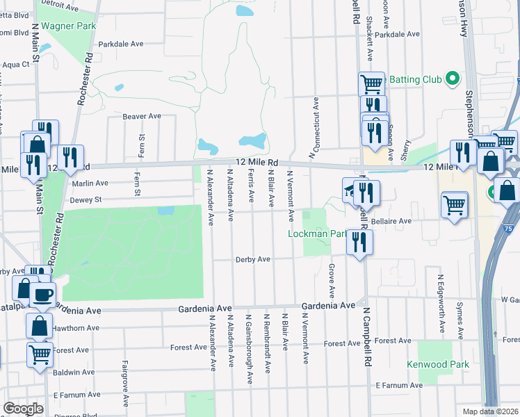 map of restaurants, bars, coffee shops, grocery stores, and more near 1502 Ferris Avenue in Royal Oak