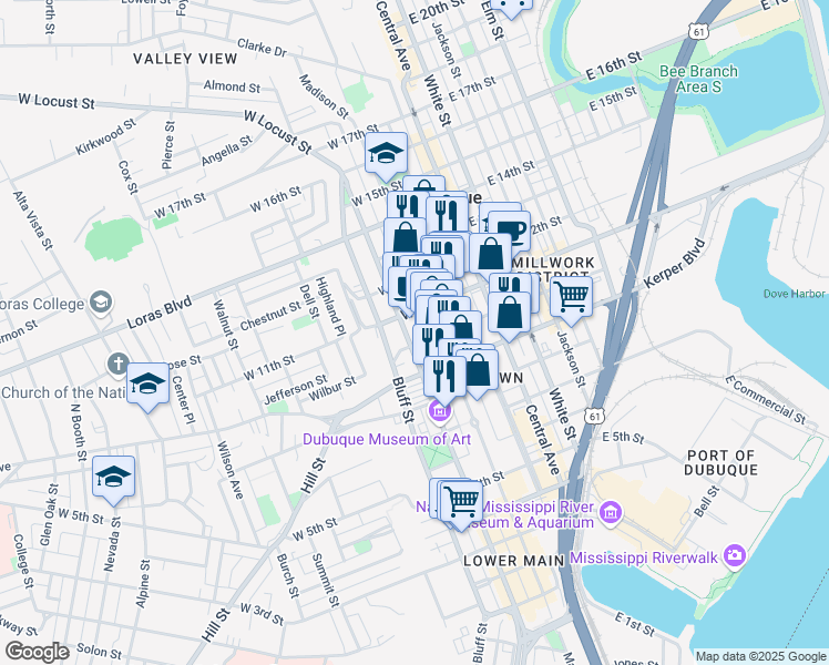 map of restaurants, bars, coffee shops, grocery stores, and more near 255 West 10th Street in Dubuque