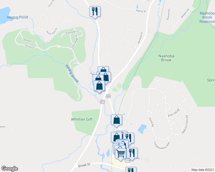 map of restaurants, bars, coffee shops, grocery stores, and more near 341 Great Road in Acton