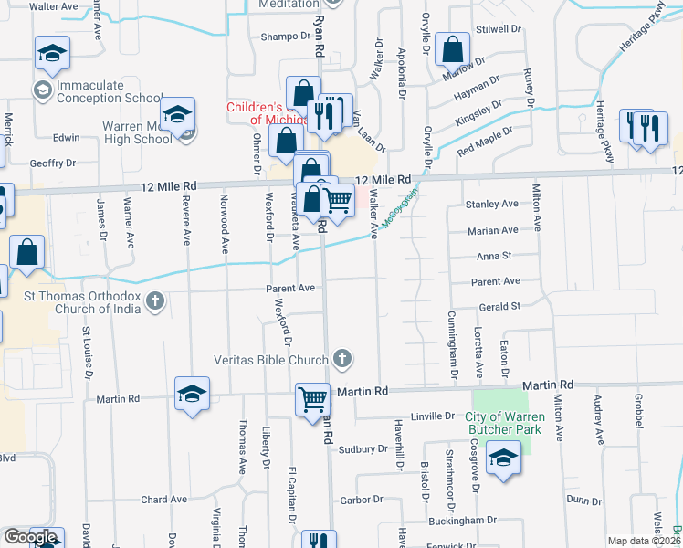 map of restaurants, bars, coffee shops, grocery stores, and more near 28530 Ryan Road in Warren