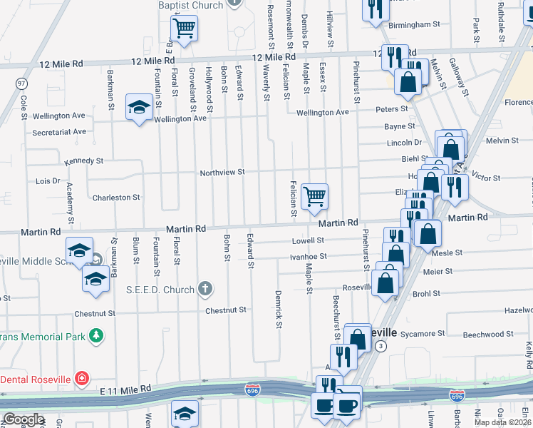 map of restaurants, bars, coffee shops, grocery stores, and more near 28032 Rosemont Street in Roseville