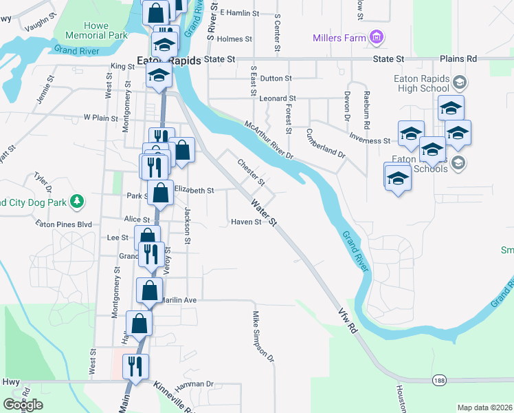 map of restaurants, bars, coffee shops, grocery stores, and more near 1446 Water Street in Eaton Rapids