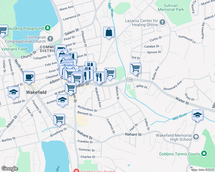 map of restaurants, bars, coffee shops, grocery stores, and more near 149 Water Street in Wakefield