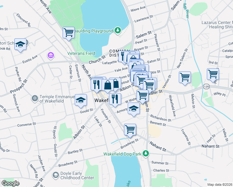 map of restaurants, bars, coffee shops, grocery stores, and more near 84 Albion Street in Woburn