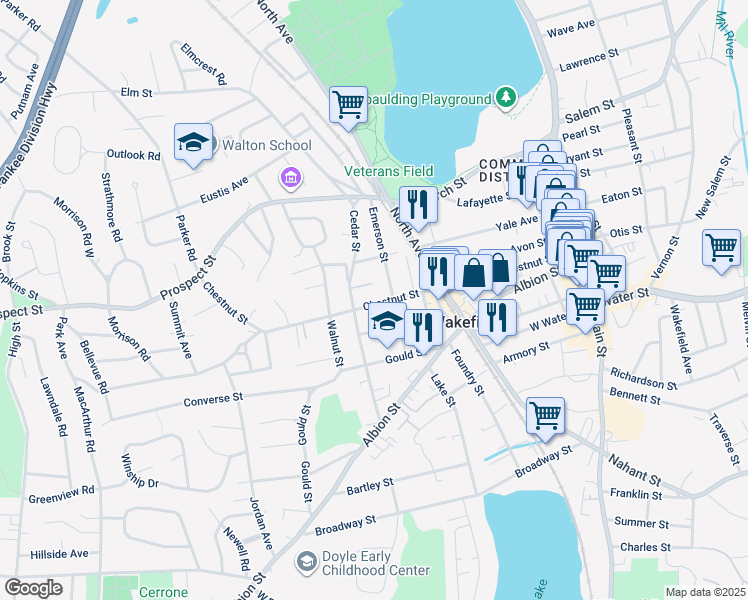 map of restaurants, bars, coffee shops, grocery stores, and more near 53 Chestnut Street in Wakefield