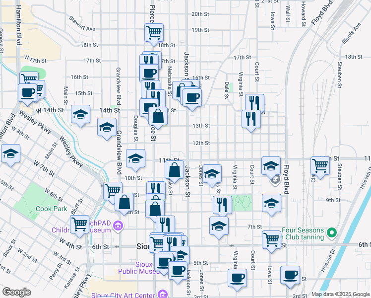 map of restaurants, bars, coffee shops, grocery stores, and more near 1121 Jackson Street in Sioux City