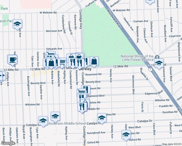 map of restaurants, bars, coffee shops, grocery stores, and more near 2380 Rosemont Road in Berkley