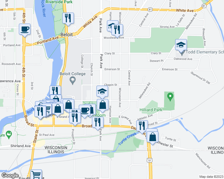 map of restaurants, bars, coffee shops, grocery stores, and more near 637 Harrison Avenue in Beloit