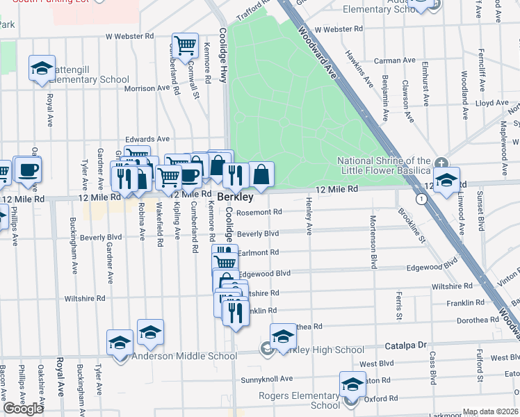map of restaurants, bars, coffee shops, grocery stores, and more near 2380 Rosemont Road in Berkley