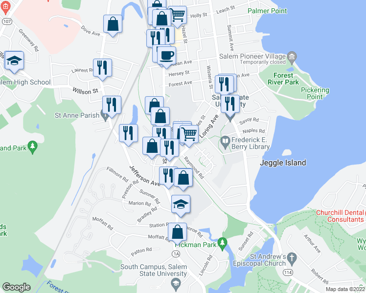 map of restaurants, bars, coffee shops, grocery stores, and more near 122 Broadway in Salem