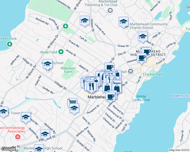 map of restaurants, bars, coffee shops, grocery stores, and more near 5 Linden Street in Marblehead