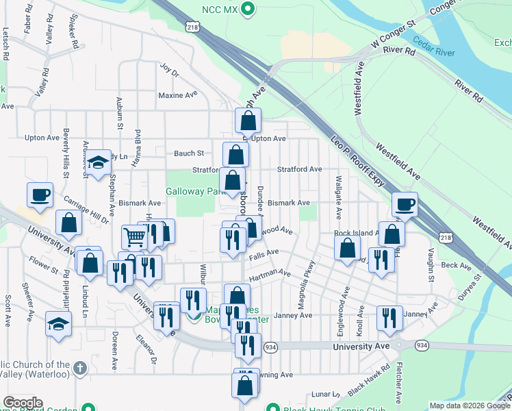map of restaurants, bars, coffee shops, grocery stores, and more near 803 Bismark Avenue in Waterloo