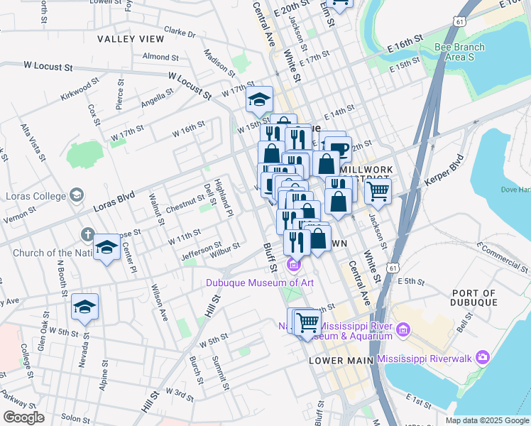 map of restaurants, bars, coffee shops, grocery stores, and more near 360 West 11th Street in Dubuque