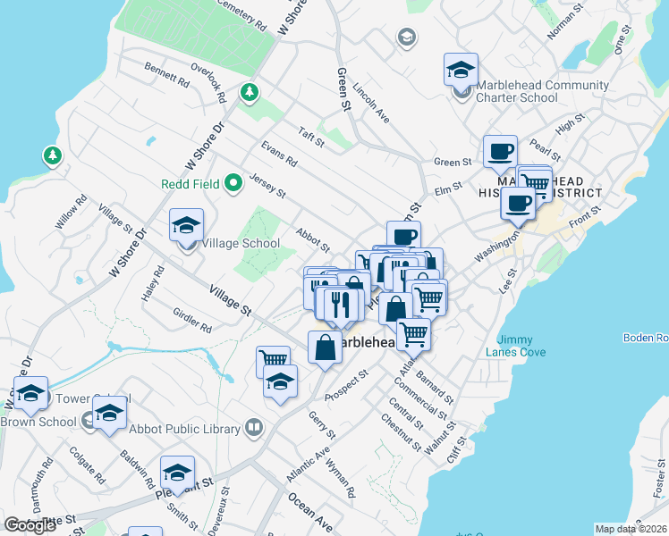 map of restaurants, bars, coffee shops, grocery stores, and more near 8 Jefferson Street in Marblehead