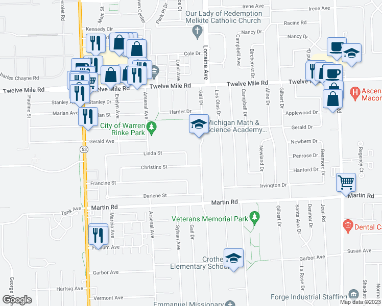 map of restaurants, bars, coffee shops, grocery stores, and more near 8553 Linda Street in Warren