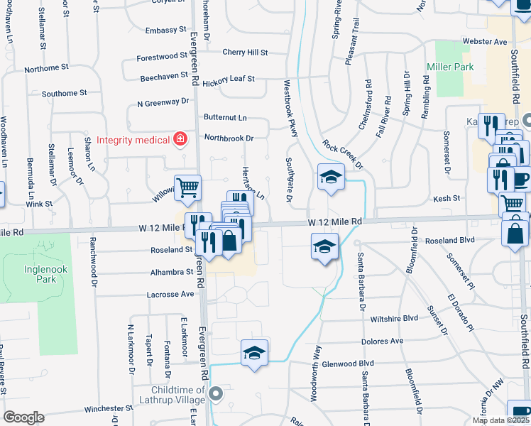 map of restaurants, bars, coffee shops, grocery stores, and more near 29075 Heritage Ln in Southfield