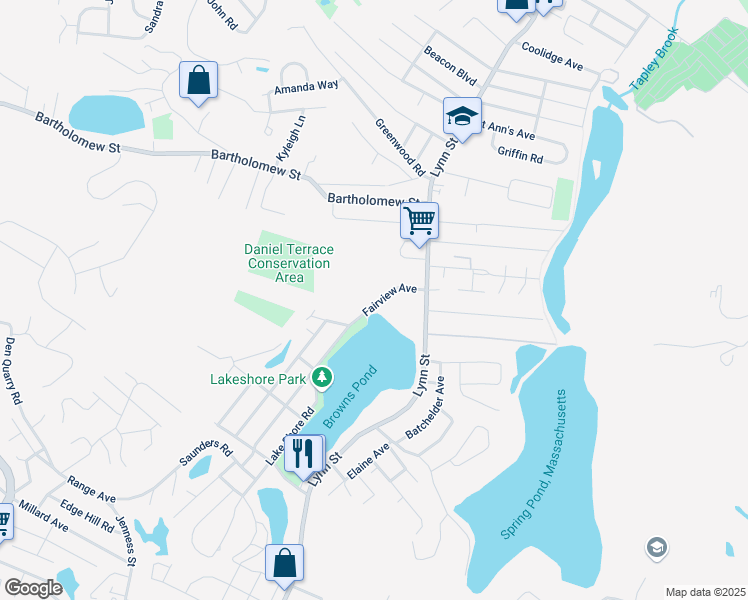 map of restaurants, bars, coffee shops, grocery stores, and more near 21 Fairview Avenue in Peabody