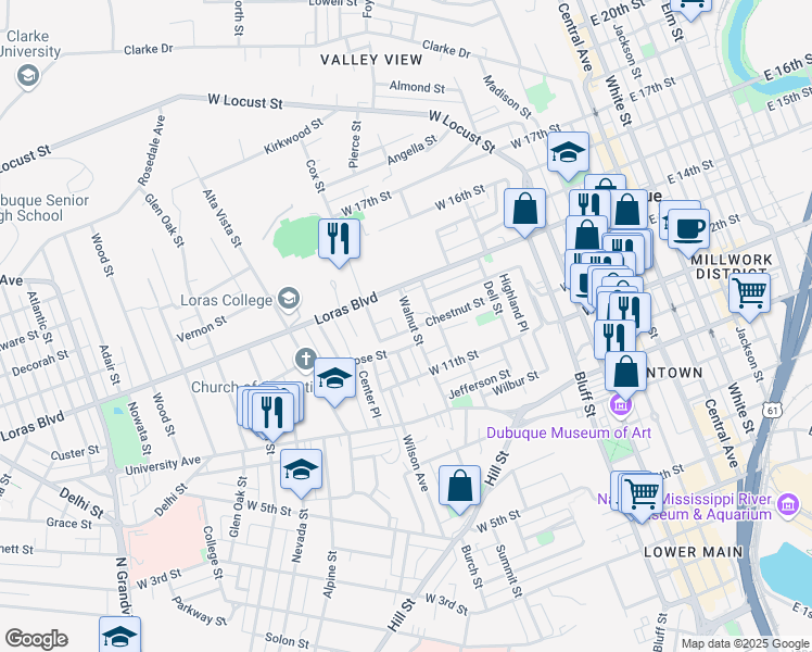 map of restaurants, bars, coffee shops, grocery stores, and more near 1251 Walnut Street in Dubuque
