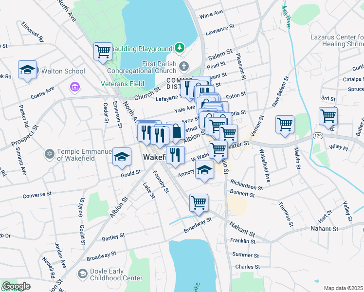 map of restaurants, bars, coffee shops, grocery stores, and more near 74 Albion Street in Wakefield