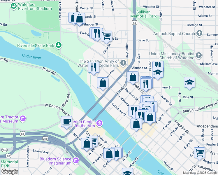 map of restaurants, bars, coffee shops, grocery stores, and more near 94 Lafayette Street in Waterloo