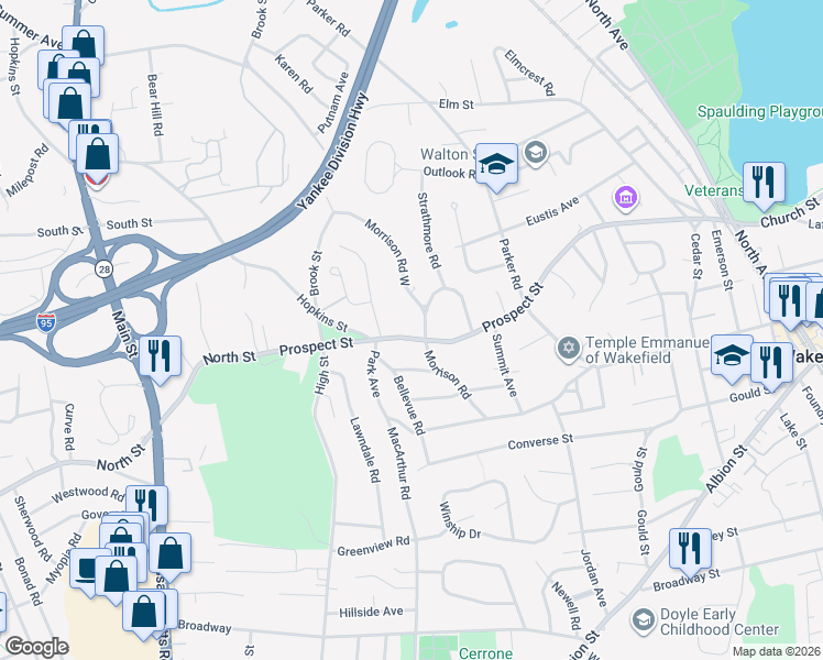 map of restaurants, bars, coffee shops, grocery stores, and more near 149 Prospect Street in Wakefield