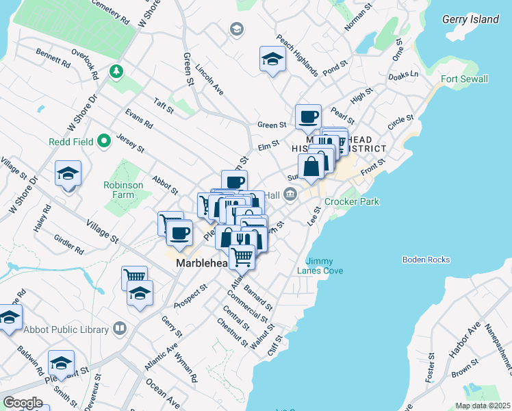 map of restaurants, bars, coffee shops, grocery stores, and more near 5 Nicholson Street in Marblehead