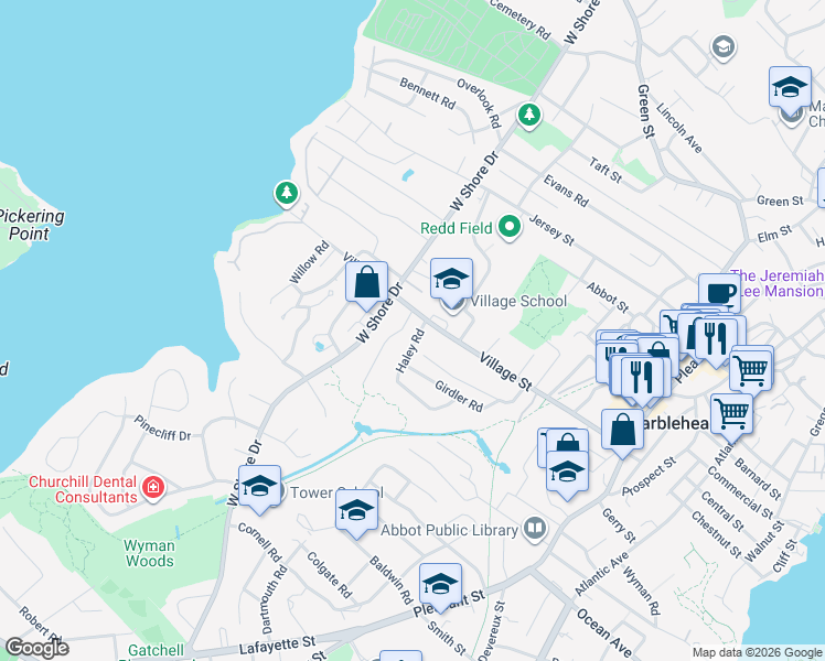 map of restaurants, bars, coffee shops, grocery stores, and more near 4 Haley Road in Marblehead