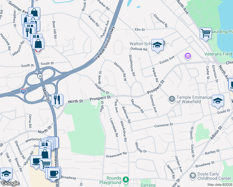 map of restaurants, bars, coffee shops, grocery stores, and more near 165 Prospect Street in Wakefield