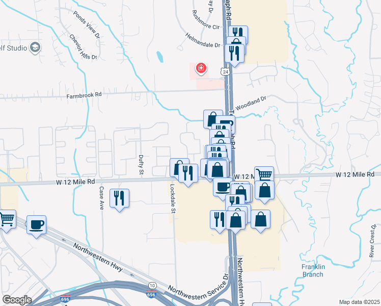 map of restaurants, bars, coffee shops, grocery stores, and more near 24700 West 12 Mile Road in Southfield
