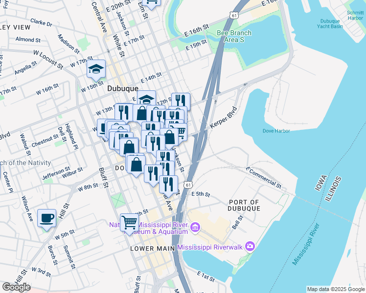 map of restaurants, bars, coffee shops, grocery stores, and more near 850 Jackson Street in Dubuque