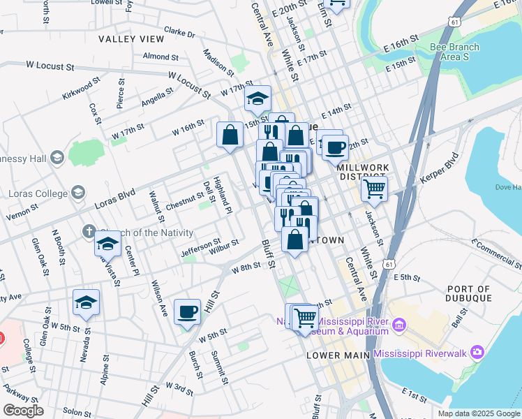 map of restaurants, bars, coffee shops, grocery stores, and more near in Dubuque