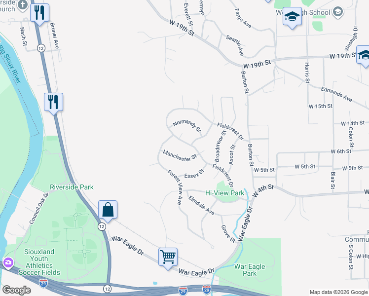 map of restaurants, bars, coffee shops, grocery stores, and more near 4000 Fieldcrest Drive in Sioux City