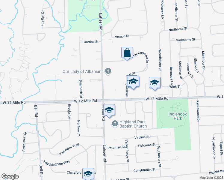 map of restaurants, bars, coffee shops, grocery stores, and more near 21800 Colony Park Circle in Southfield