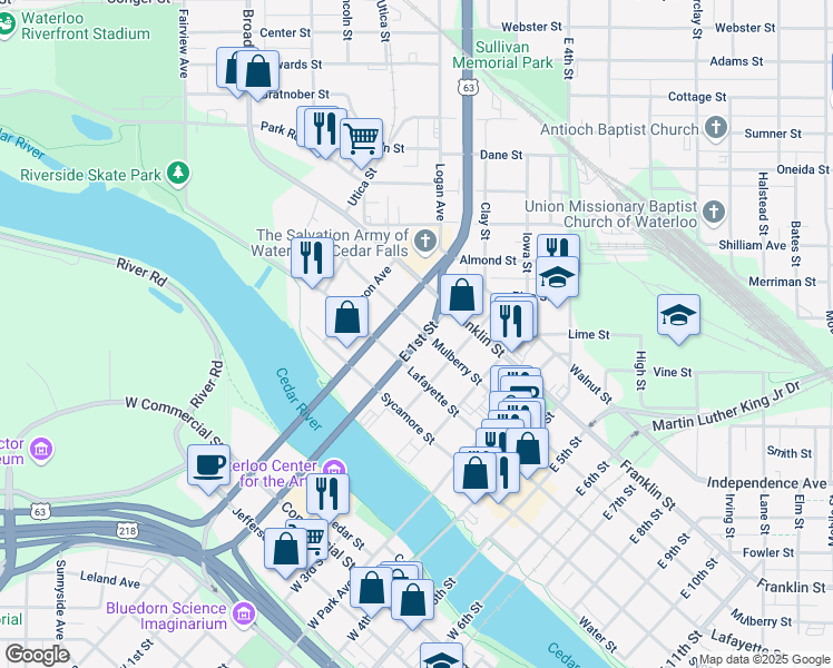 map of restaurants, bars, coffee shops, grocery stores, and more near 327 E 1st St in Waterloo