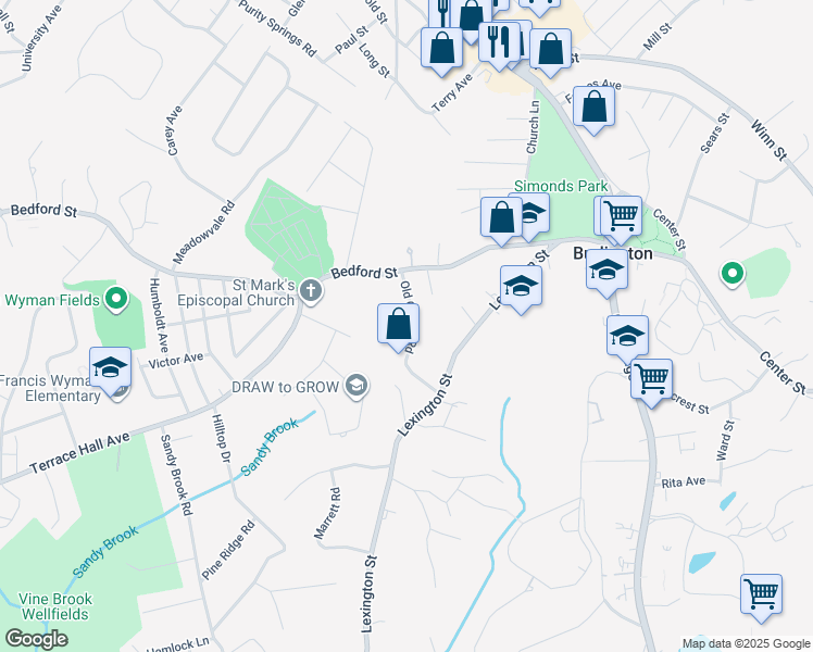 map of restaurants, bars, coffee shops, grocery stores, and more near 10 Old Colony Road in Burlington