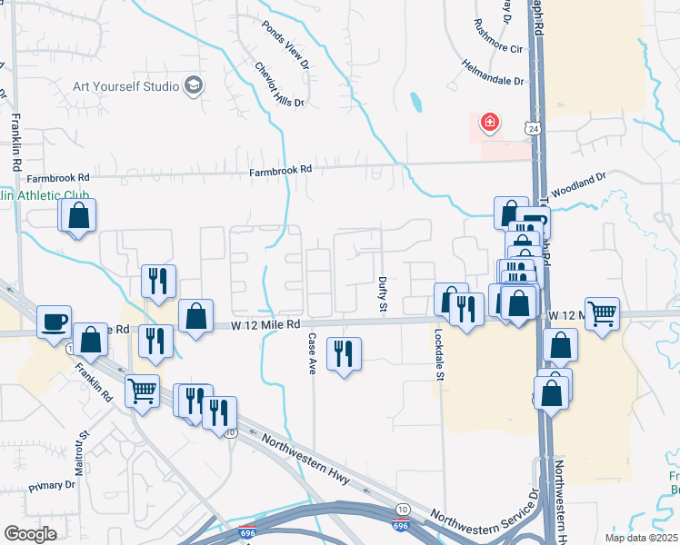 map of restaurants, bars, coffee shops, grocery stores, and more near 29138 Wellington Road West in Southfield