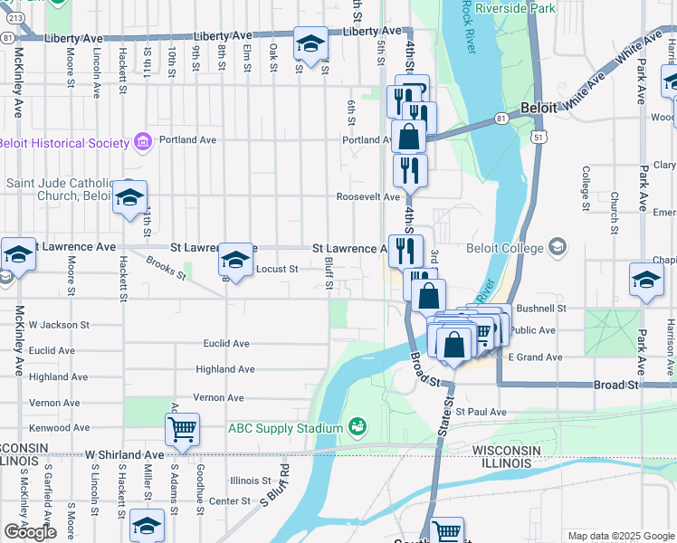 map of restaurants, bars, coffee shops, grocery stores, and more near 631 Bluff Street in Beloit