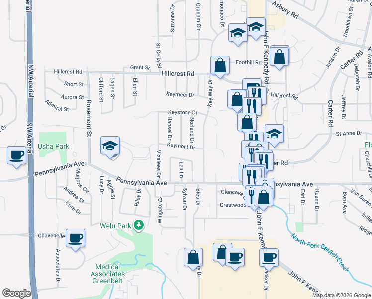 map of restaurants, bars, coffee shops, grocery stores, and more near 3538 Keymont Drive in Dubuque