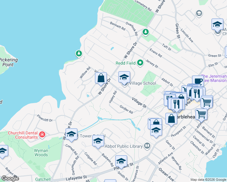 map of restaurants, bars, coffee shops, grocery stores, and more near 4 Haley Road in Marblehead
