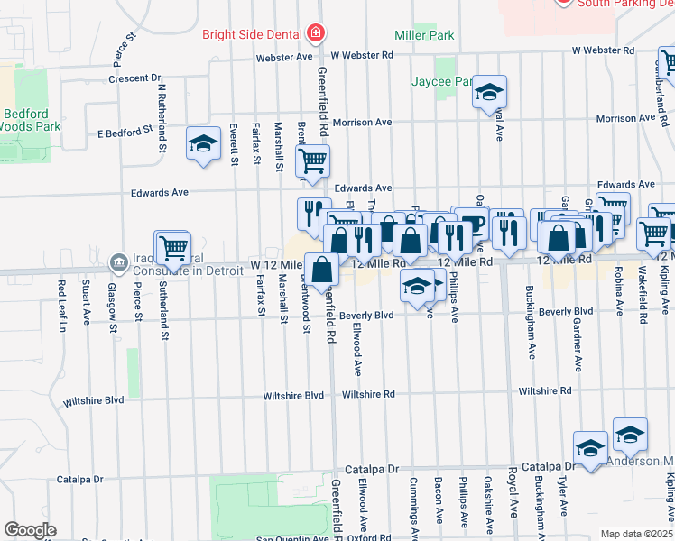 map of restaurants, bars, coffee shops, grocery stores, and more near 4105 Twelve Mile Road in Berkley