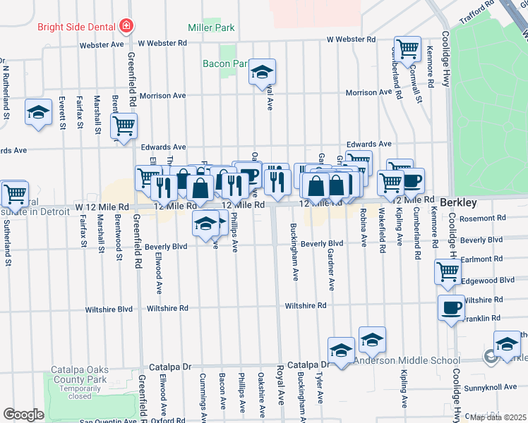 map of restaurants, bars, coffee shops, grocery stores, and more near 3357 Oakshire Avenue in Berkley