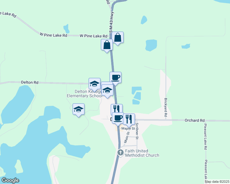 map of restaurants, bars, coffee shops, grocery stores, and more near 327 North Grove Street in Delton