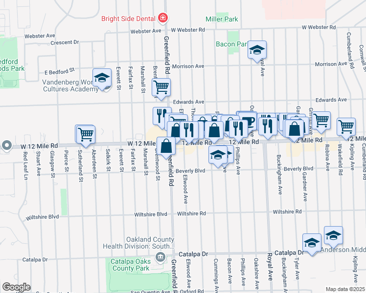 map of restaurants, bars, coffee shops, grocery stores, and more near 4105 Twelve Mile Road in Berkley