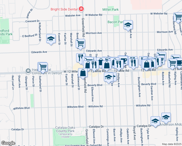 map of restaurants, bars, coffee shops, grocery stores, and more near 4105 Twelve Mile Road in Berkley