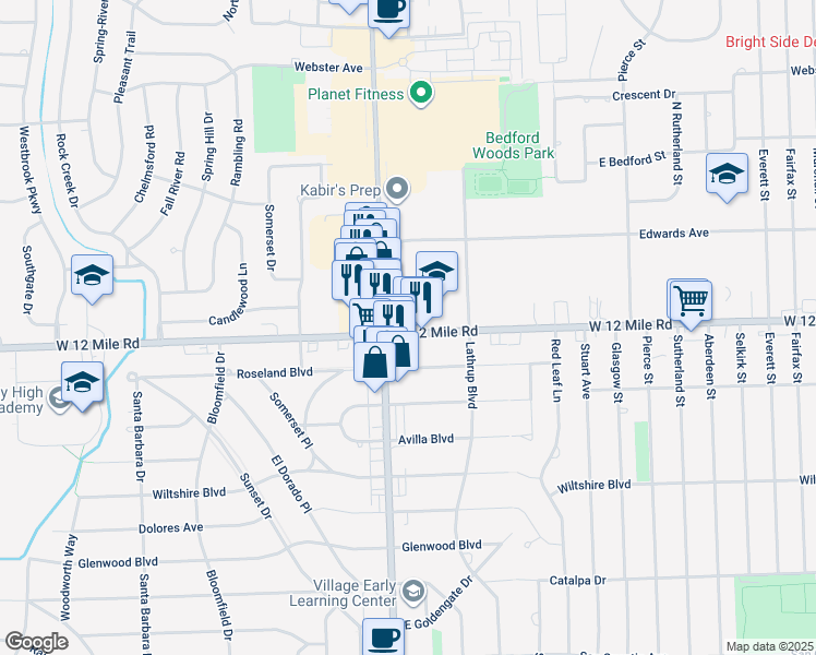 map of restaurants, bars, coffee shops, grocery stores, and more near 17660 West 12 Mile Road in Southfield