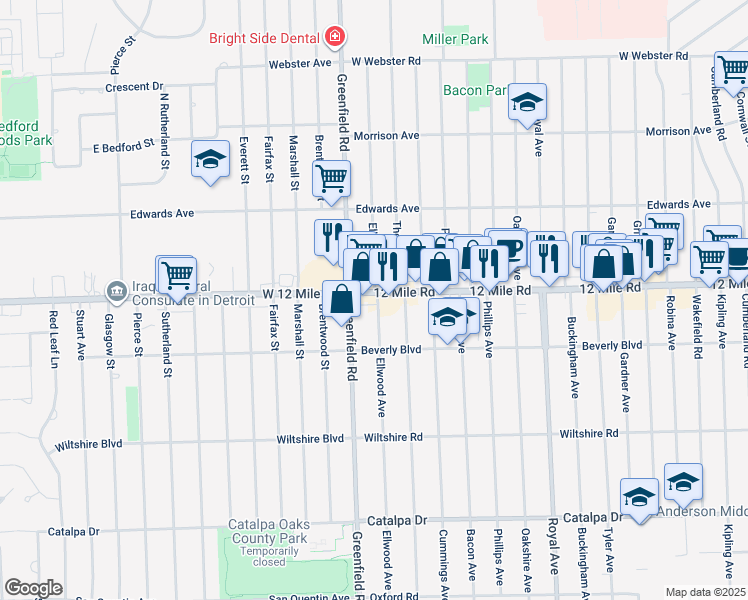 map of restaurants, bars, coffee shops, grocery stores, and more near 4105 Twelve Mile Road in Berkley