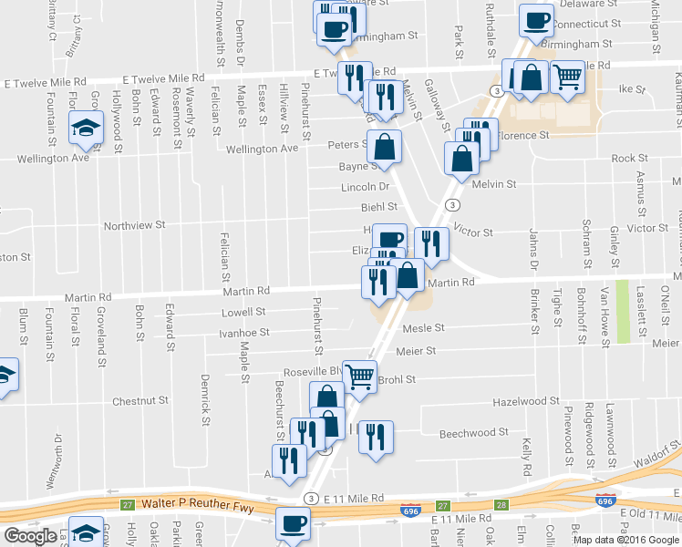 map of restaurants, bars, coffee shops, grocery stores, and more near 17895 Martin Road in Roseville