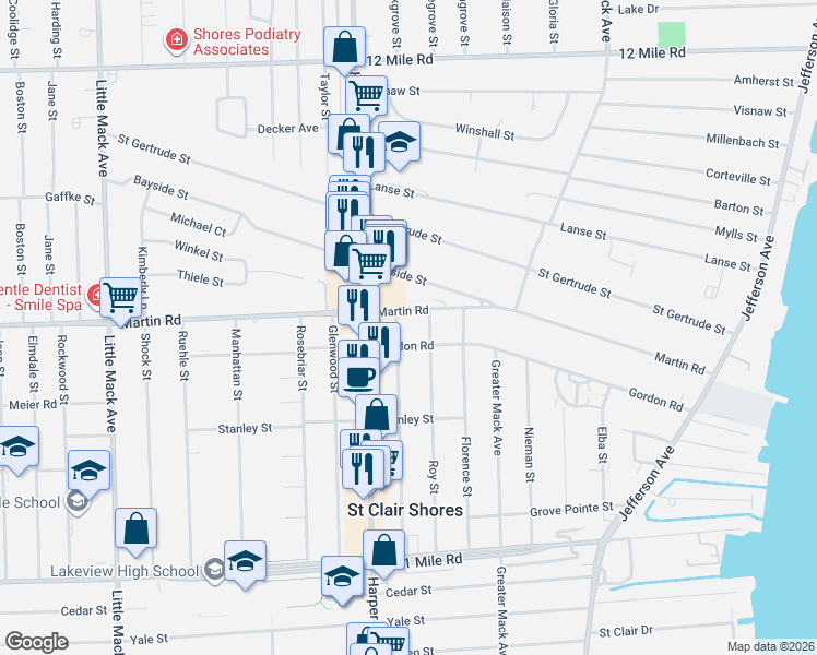 map of restaurants, bars, coffee shops, grocery stores, and more near 28405 Roy Street in St. Clair Shores